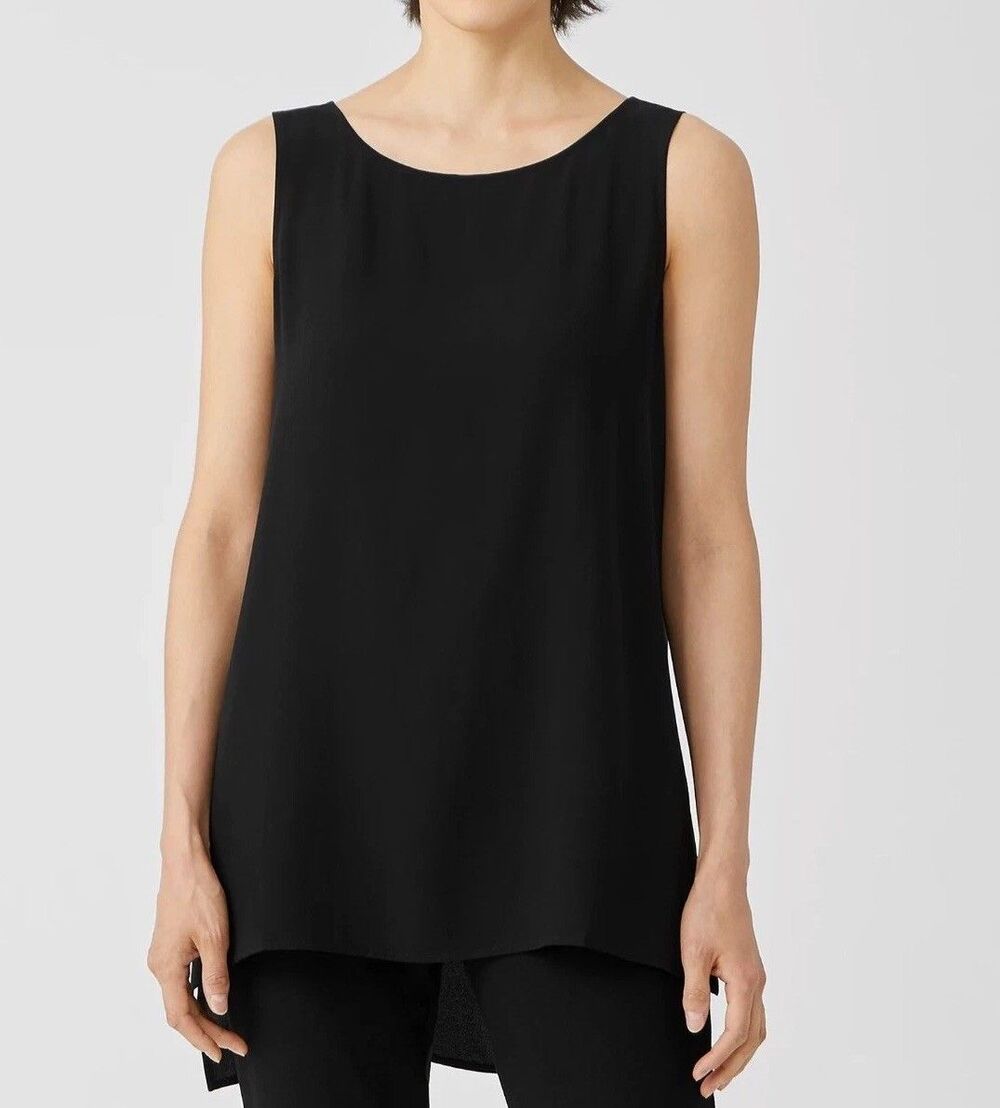 Eileen Fisher 100% Silk Georgette Crepe Boat Neck Shell Top Black XL MSRP $218